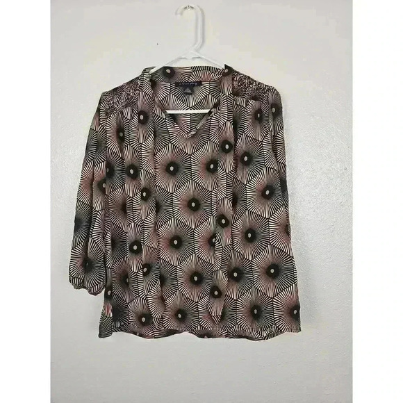 A Love Story Abstract Print V Neck Blouse Tie Collar Peasant Long Sleeve Small - Picture 1 of 6